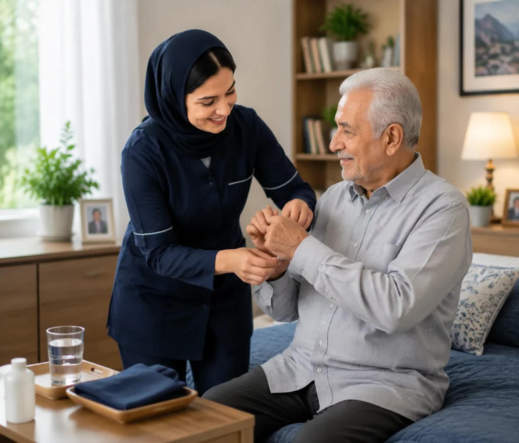 پرستار سالمند در حال کمک به سالمند در منزل